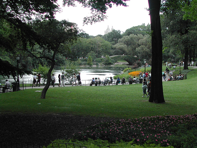 Flowers and lawns of Central Park. with the lake in the background.