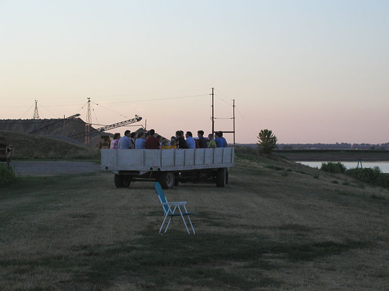 Everyone piles in the hay wagon for the traditional ride around the farm.