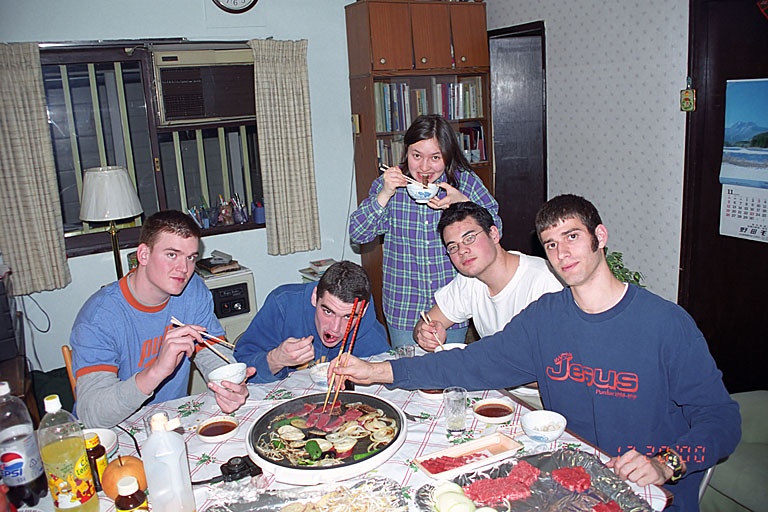 Joel, Josh, Iako, Makato, and Dan enjoy some fresh food.