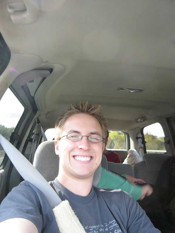 Abe smiles because we're on the road again.