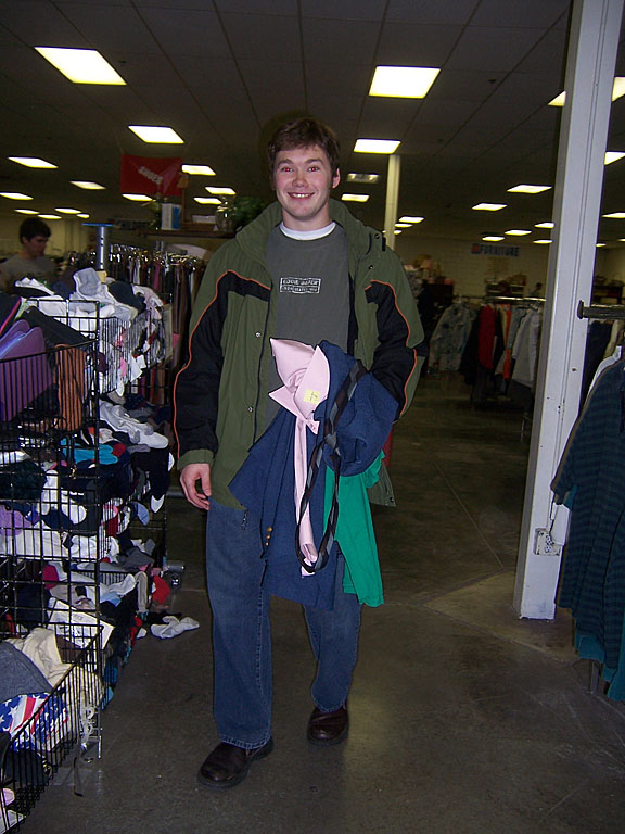 Mark beams with pride after successfully getting his outfit.