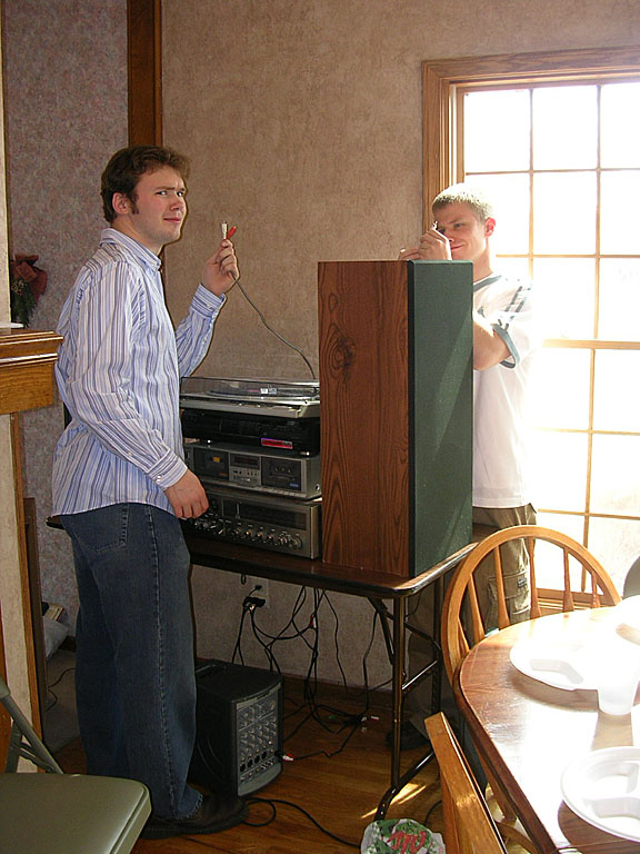 Mark and Jeremy wire the room for sound.