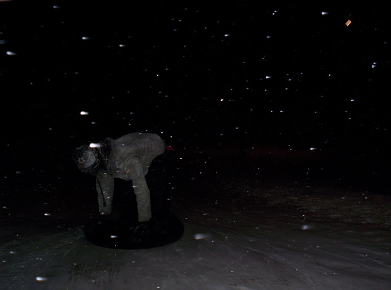 Andre Sauder heads down the hill backwards.