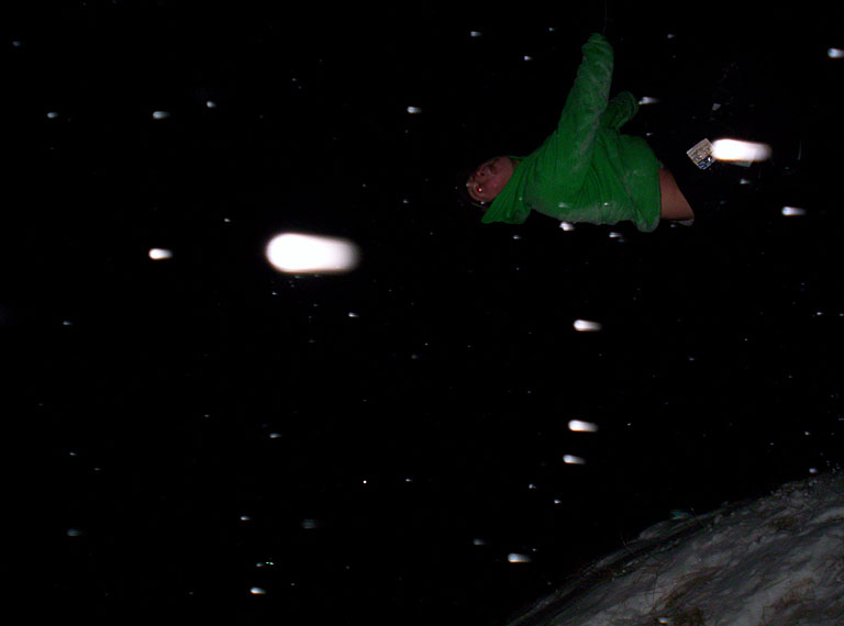 Joel back-flipping down the hill.