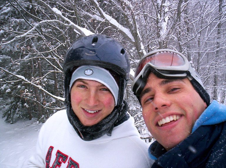 Joel Stickling and Jon Gerst stop to enjoy the snow.