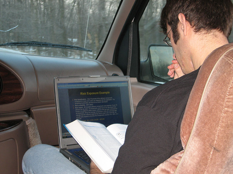 Dan tries to finish his presentation so he can enjoy the fun later.