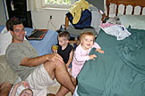 Dan, Alan, Joel, Todd and Sarah hang out in the guys room.