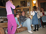 Madeline, Todd, Chad, Seth, Sarah, Joel and Laurie enjoy acting out the Christmas story.  It was an impromptu affair. 