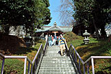 Josh, Kan, Makato, Iako, and Joel walk down the steps of a local temple.