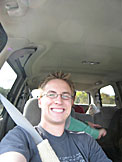 Abe smiles because we're on the road again.