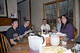 Kyle, Abe, Jeremy, Kristi, and Erica wait for breakfast.  Erica thinks it's still too early in the morning for pictures.