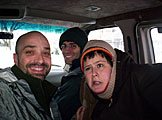 Mark Cowell, Dan Schafer, and Cameron Stieglitz get ready to jump out of the van.  It's skiing time.